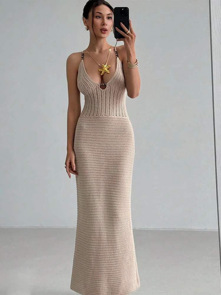 Nibber Patchwork szydełkowa elegancka sukienka Maxi damska głęboki dekolt koraliki krzyżowe wiązanie Backless wakacje styl plażowy Skinny Vestidos