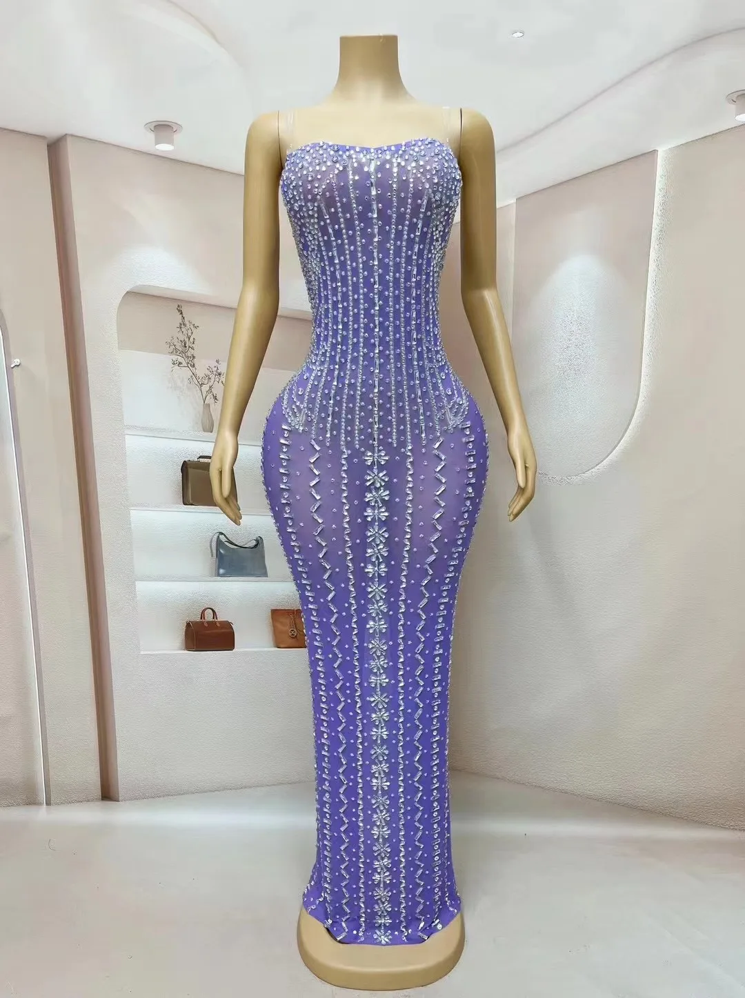 

New skirt Europe and the United States fashion women's net gauze perspective hot diamond set with diamond halter sexy dress