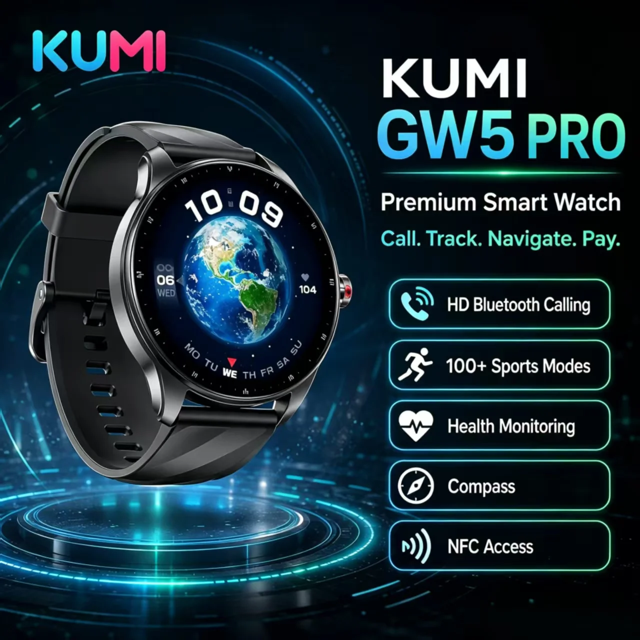 

KUMI GW5 PRO Smartwatch NFC Offline Payment Door Access, Compass, 100+ Sports Modes, HD Bluetooth Call,Health Management