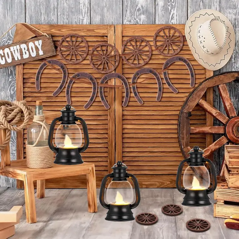 24Pcs Lucky Horseshoe Wooden Wagon Wheel Decor Mini Lanterns for Centerpieces Western Themed Party Western Wedding Decorations