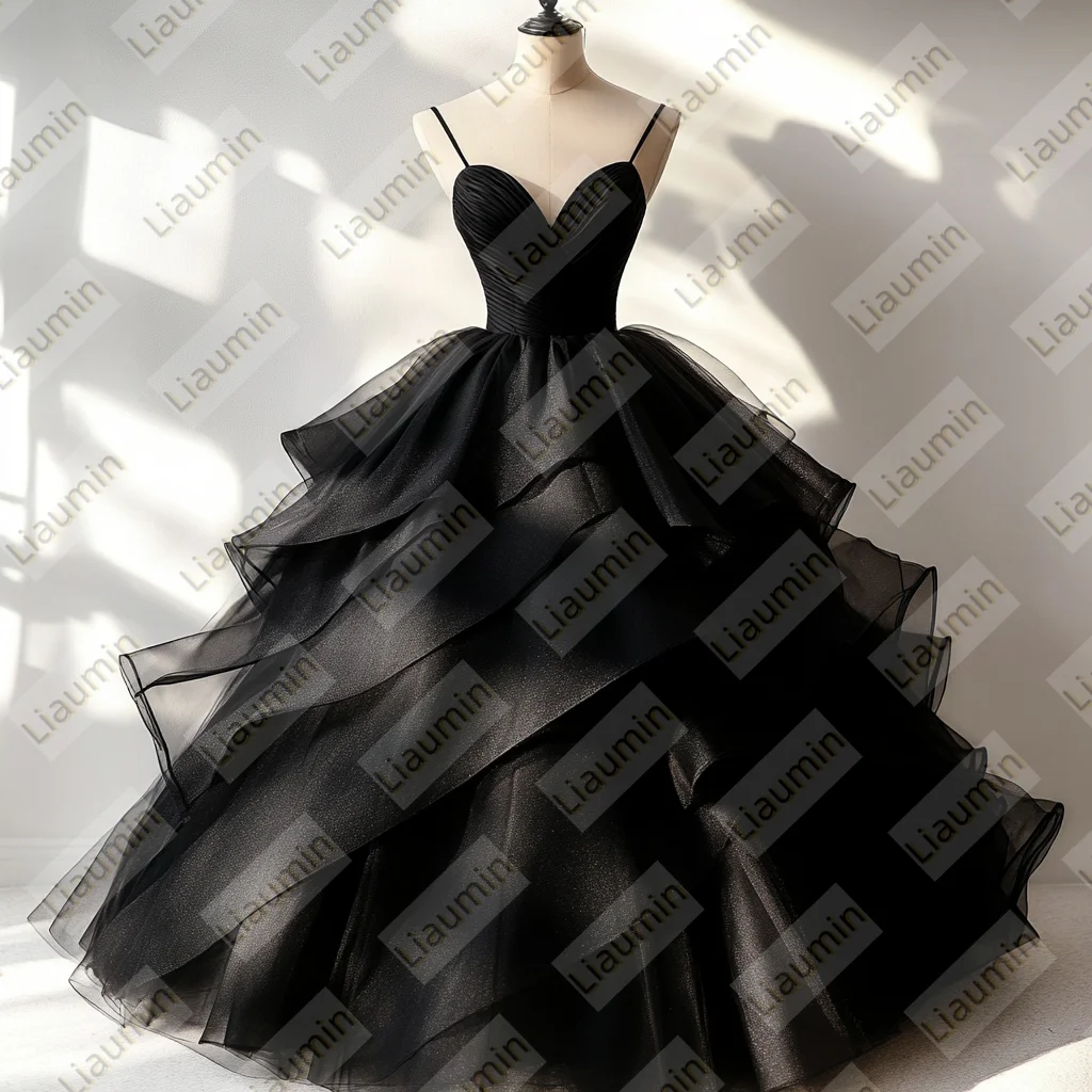 Black Layered Organza Floor Length Prom Dress Lace-up Back Wedding Prom Evening Dresses Bridal Ball Gowns Customized Made W19-23