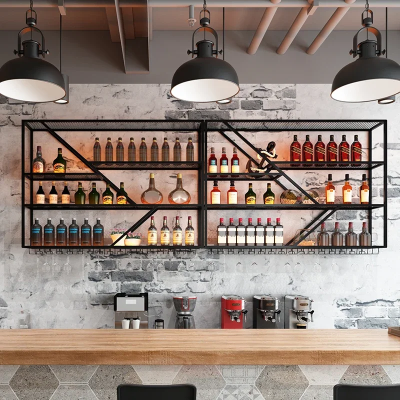 Customized bar counter, wine cabinet, wall mounted restaurant wall, iron art display rack with light, industrial style wine rack