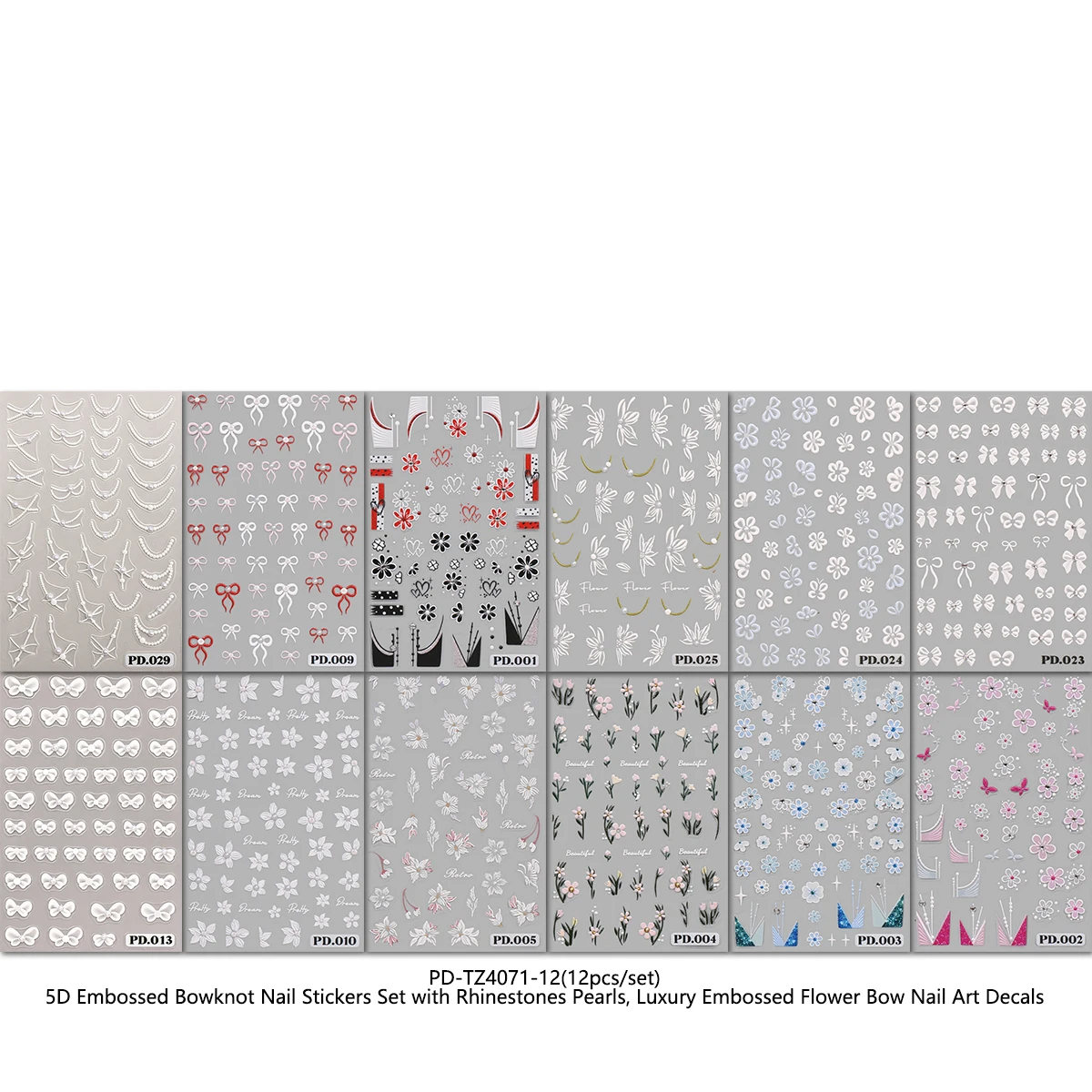 12 sheets of 5D luxurious three-dimensional relief floral bow nail stickers with elegant rhinestone pearl butterfly pattern