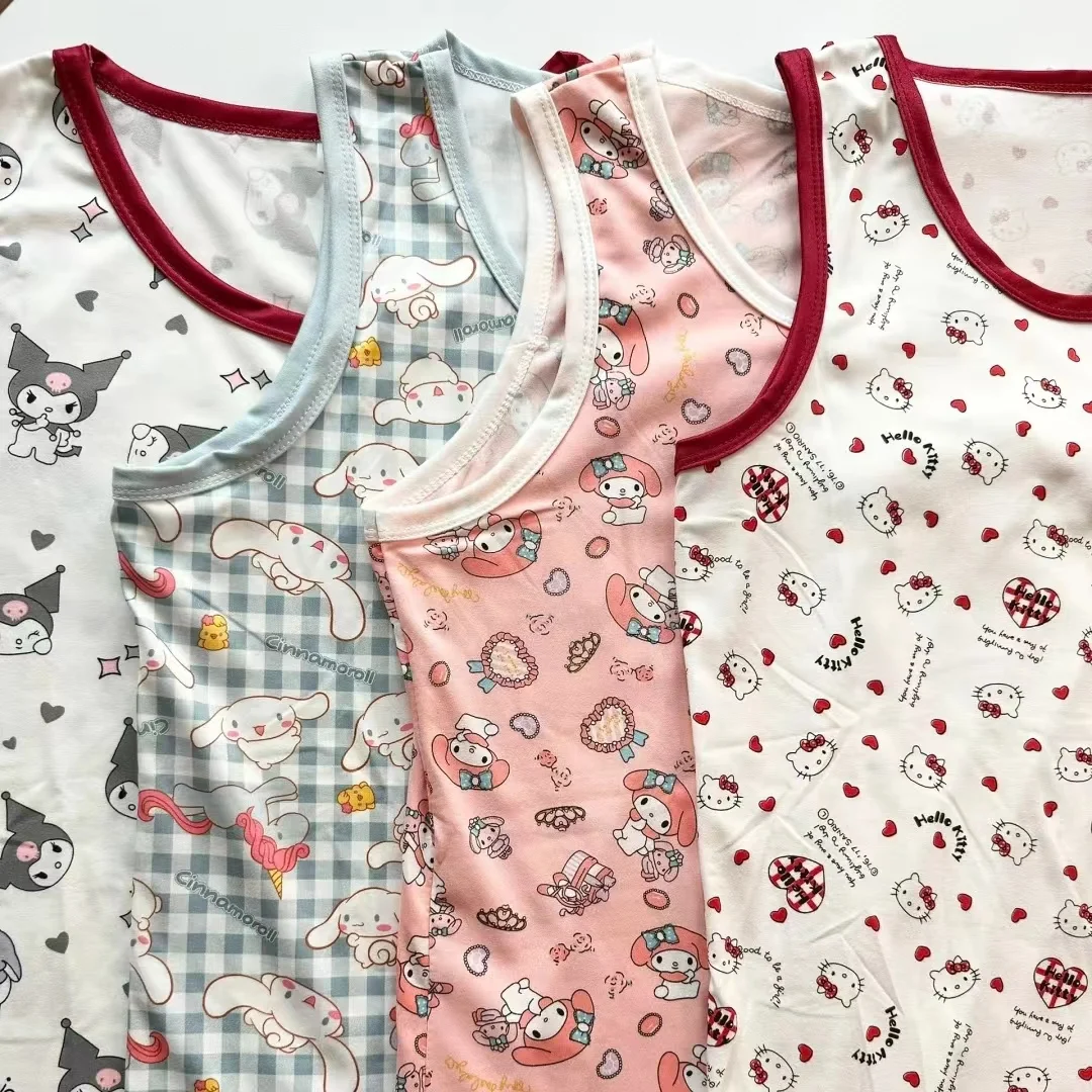 Sanrio  Hello Kitty Sleeveless Round Neck Pajama Skirt Kuromi Cinnamoroll Summer Girl Sweet Knee-length Home Clothes Nightgown