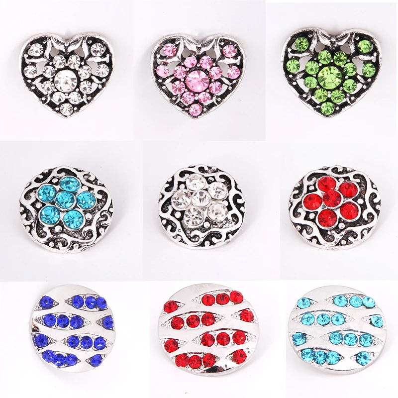 Beauty Colorful Flowers Rhinestone Heart Charms Round 18mm snap buttons fit DIY snap necklace bracelets jewelry fittings