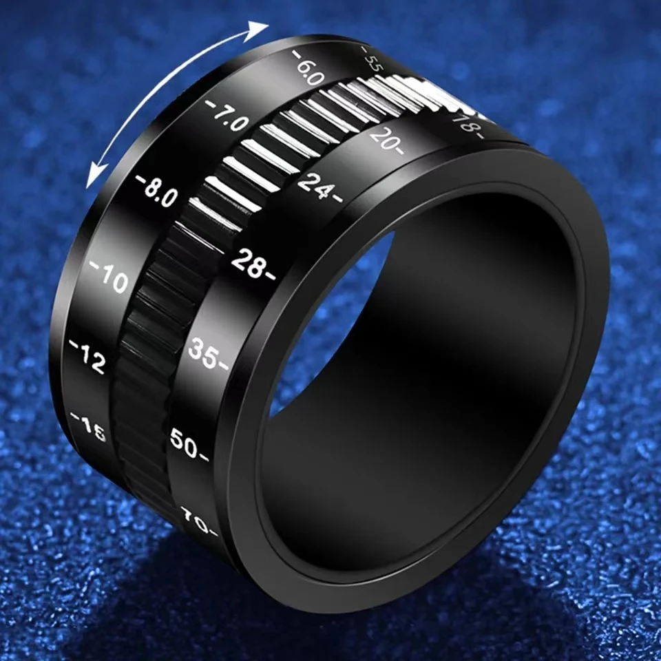 

Rotatable Decompression Stainless Steel Black Plated Camera Telephoto Lens Design Spinner For Men's Ring Fashion Charm Jewelry