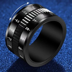 Rotatable Decompression Stainless Steel Black Plated Camera Telephoto Lens Design Spinner For Men's Ring Fashion Charm Jewelry