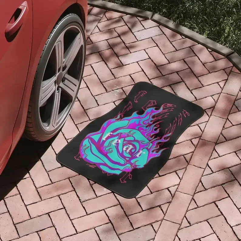 Vaporwave car floor mat, fear, flames, harajuku, cute car accessories for teens, japanese, colorful, women, futuristic, purple,