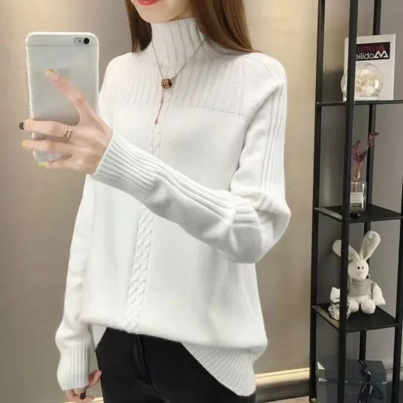 Autumn and Winter Women's Pullover High Neck Long Sleeve Solid Color Patch Screw Thread Loose Knitted Fashion Casual Tops V783