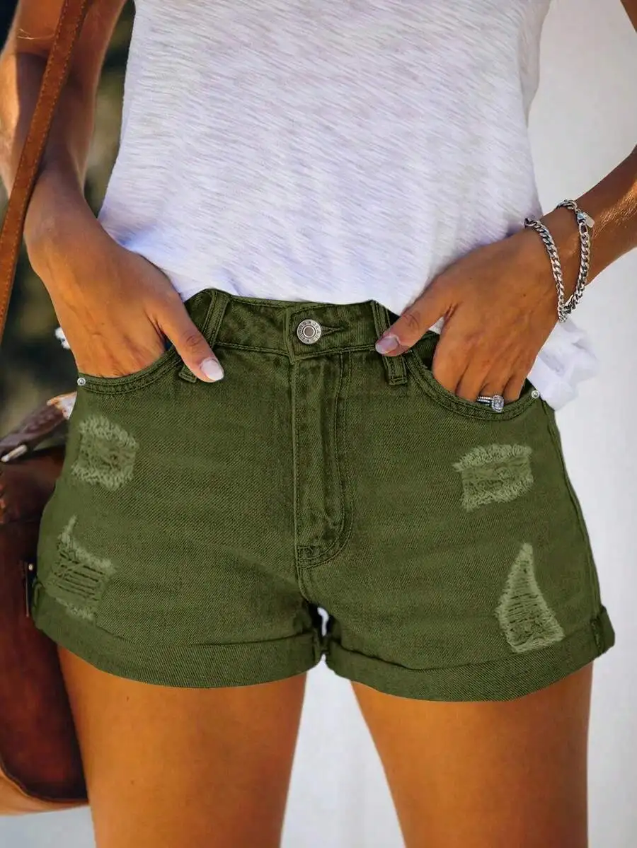 

Casual Distressed Denim Shorts With Elastic Cuff