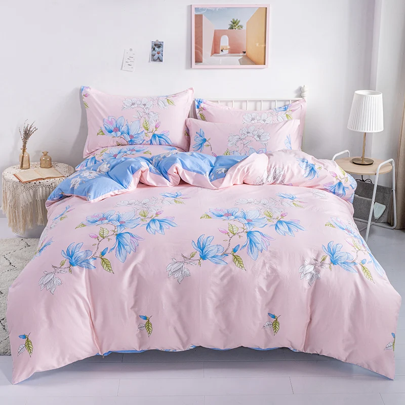 Blue Floral Pink Bedding Set Queen King SIngle Size Cotton Duvet Cover Set Modern Flowers Comforter Covers with 2 Pillowcases