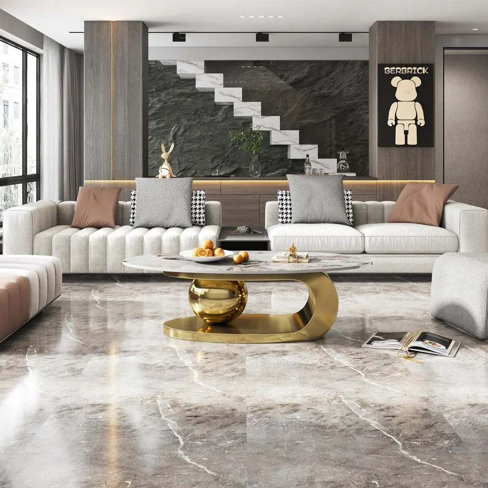 طاولة قهوة رخامية بيضاوية حديثة مقاس 49.2 بوصة - قاعدة من الفولاذ المقاوم للصدأ باللون الذهبي، مقاومة للخدش، سهلة التجميع #2