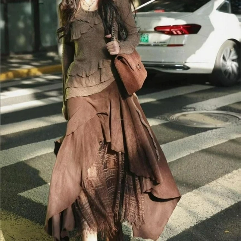 

Retro Suede Medium-length Skirt for Women 2026 Autumn New Style Irregular Lace Patchwork Design Sense Ruffled A-line Skirt