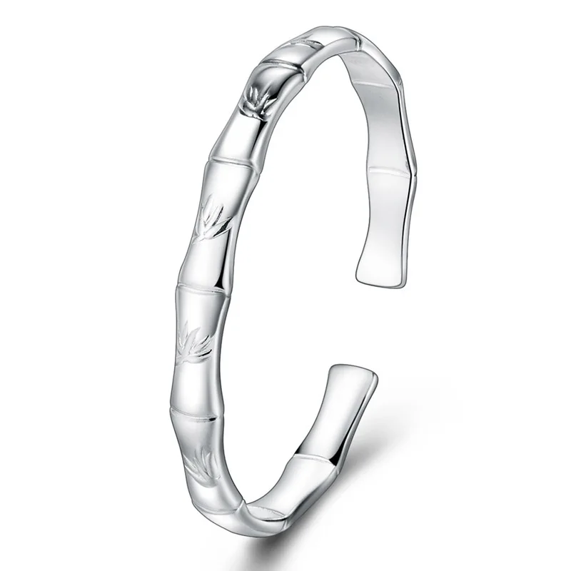 Silver Plated Vintage Bell 'Blessing Be Safe' Lucky Clover Bamboo Heart Bangle for Women Girls Jewelry Gift Lady