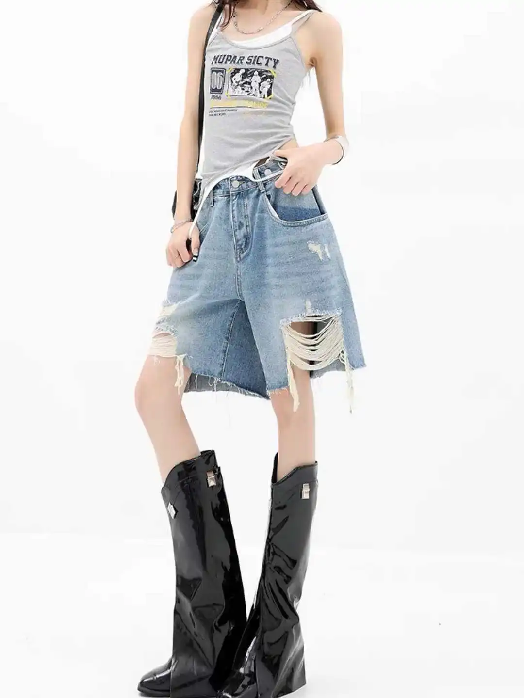 Summer Women American Boyfriend Ripped Denim Shorts Y2K 2000s Japanese Punk Harajuku Streetwear Tide Jean Knee Length Pants New view 3