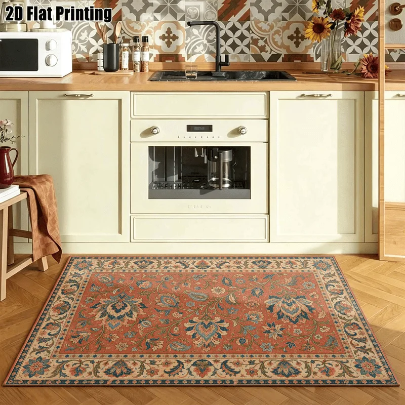 1Pc European Vintage Curling Grass Floral Carpet, Machine Washable, Warm Home Decor, Fits Retro Style Home, Suitable for Living Room, Bedroom, Entryway, Office, Corridor and Other Areas