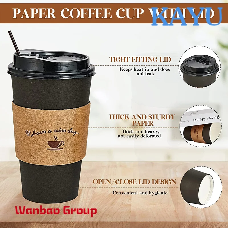 Custom  4oz 8oz 12oz 16oz Disposable Double Wall Gold Foil Stamping Custom Logo All Black Hot Coffee Paper Cup With PS Lid