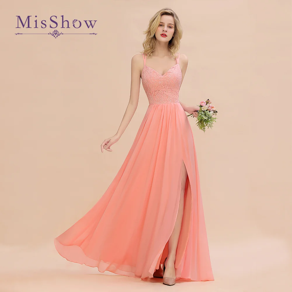 MisShow New Spaghetti Straps Bridesmaid Dresses 2022 Lace Top Cross Back Chiffon Prom Party Gowns Vestidos Elegantes Para Mujer