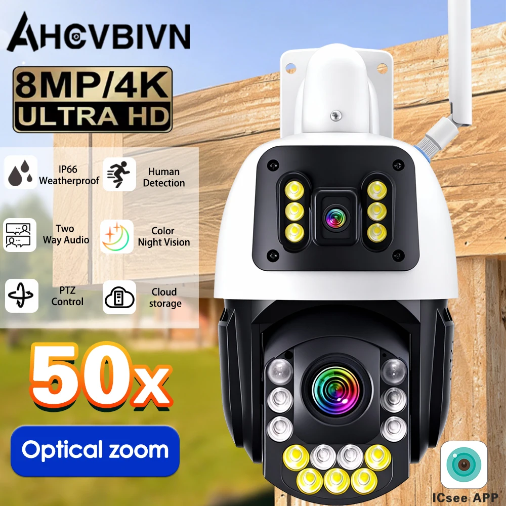 

Оптическая WiFi PTZ-камера видеонаблюдения 50X с двумя экранами, 8 МП, 4K, металлический корпус, уличная, беспроводная, 360° ° IP-камера безопасности для умного дома iCSee