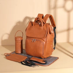 Multifunctional Large Capacity Faux Leather Diaper Bag Shoulder Bag Brown Diaper Bag Fashion Design Vegetarian Leather Baby Bags