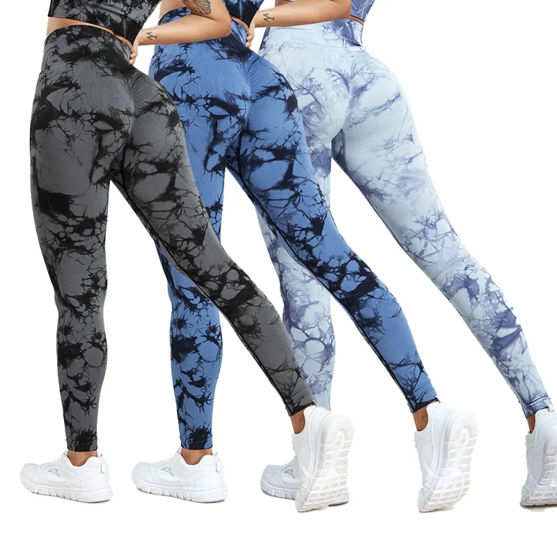 CHRLEISURE 3-Piece Tie-Dye Yoga Pants for Women High Waist Butt Lifting Fitness Pants Gym Workout Ruched Tights Sportswear