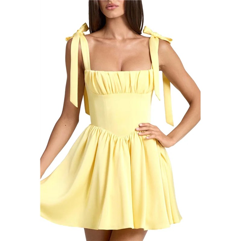 ABRT-Abito svasato con volant e linea ad A. Abito a camicetta fluido con spalle scoperte e cravatta a strati