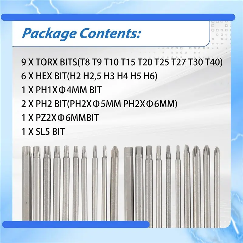 

[NEWA08R】 Bit Set Long, Magnetic Bit Set 20 Pcs 100Mm, Torx Bit T8-T40, Hex Bit H2-H6, PH1 PH2, PZ2, Slotted Bit, 1/4Inch Hexago