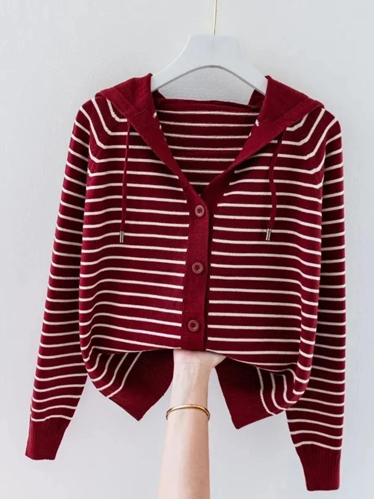 Stripe Hooded Oversized Knitted Cardigan Elegant Spring Fall Women Tops New Loose Knitewear Sweatershirt Korean Fashion Sweater