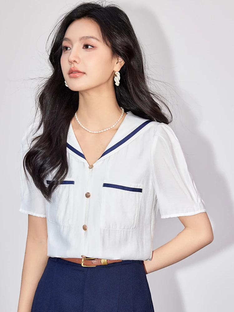 French Sailor Collar Chiffon Shirt for Women 2024 Summer New Korean Fashion White Short Sleeve Blouse Tops Mujer Camisa Feminina