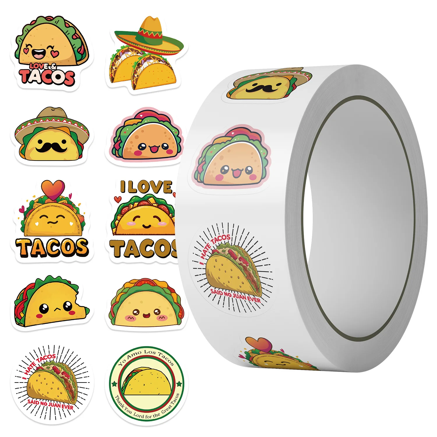500Pcs Taco Stickers Roll, 10 Patterns Cute Mexican Food Decals 