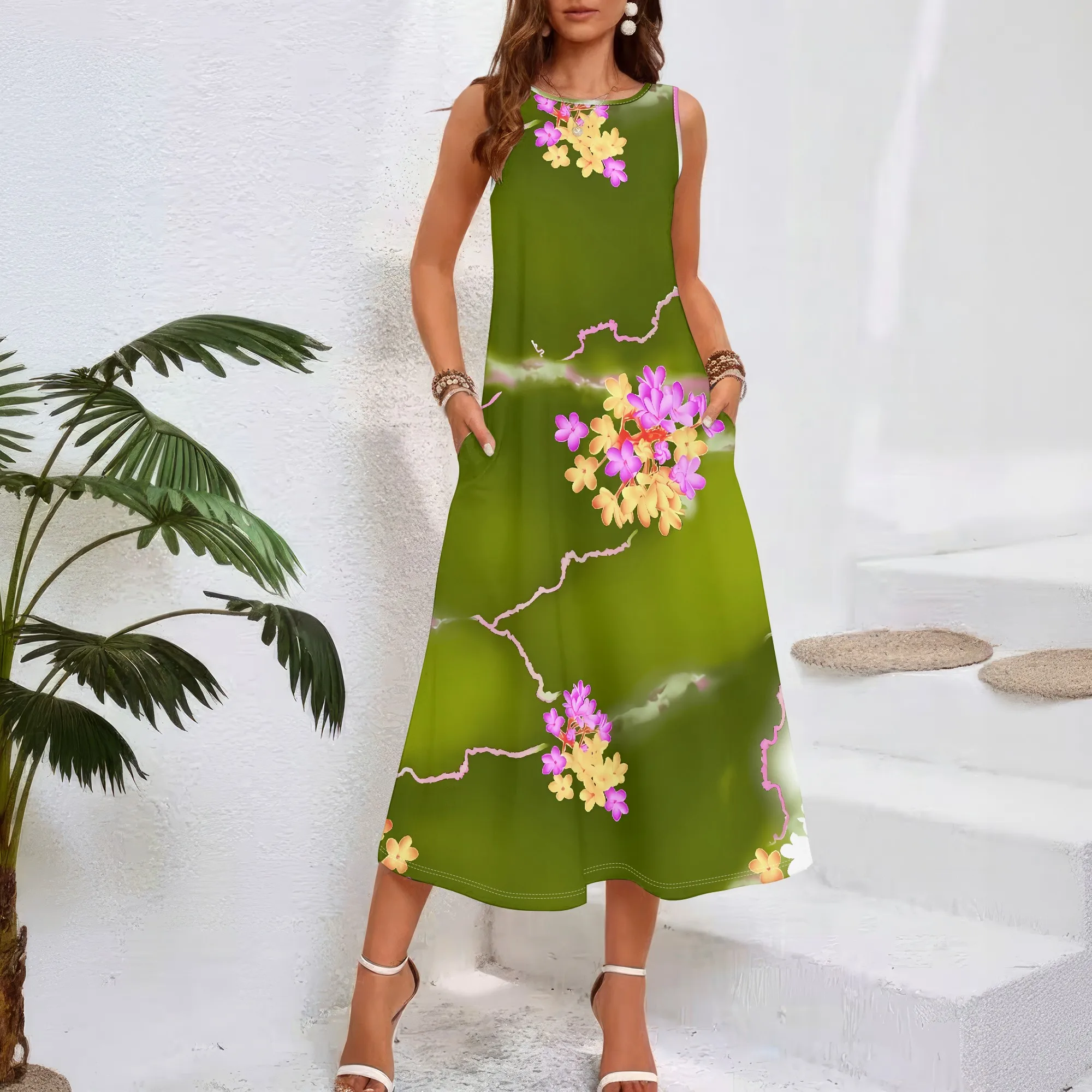 

Women casual loose round neck summer 3D geometric print black style sleeveless large swing dress (pocket)