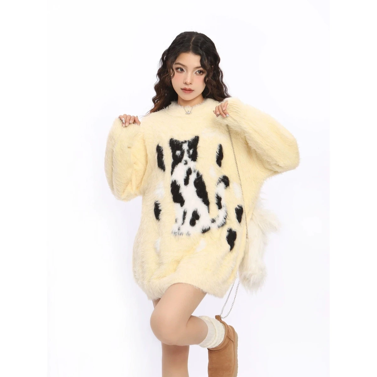 

Women's Rabbit Fur Sweater Thiened Loose Lazy Sle Outerwear Winter Casual Polyester Fiber Long Sve round Ne Top