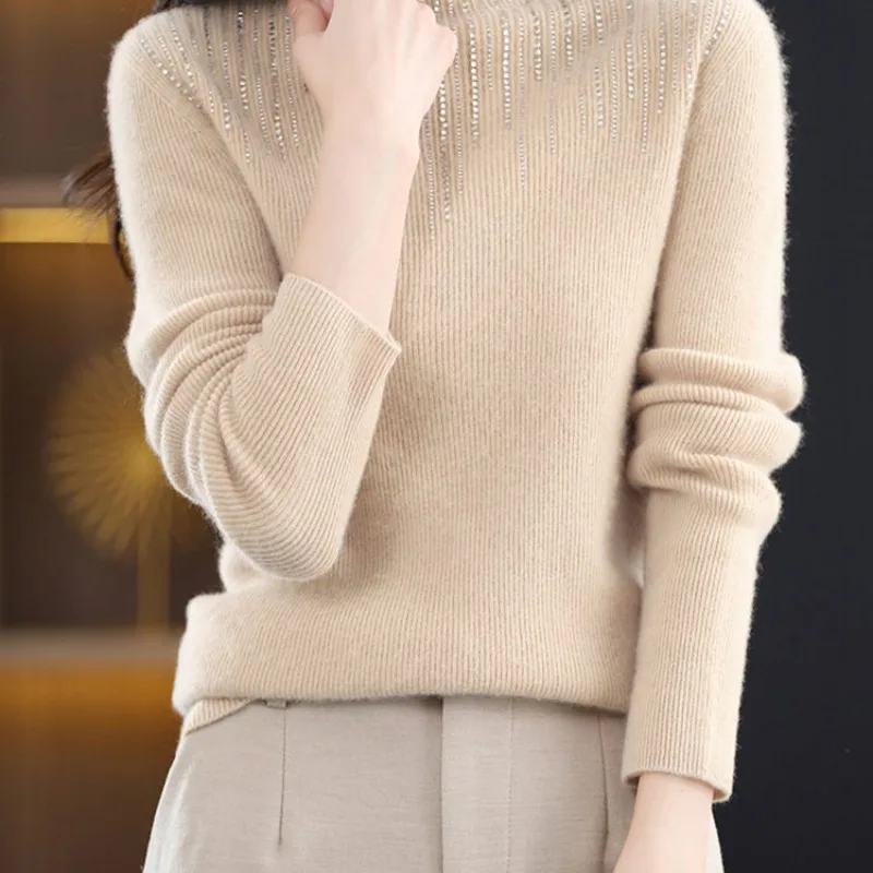 Autumn and Winter Women's Pullover Half High Neck Long Sleeve Slim Fit Solid Diamonds Knitted Bottom Fashion Casual Tops