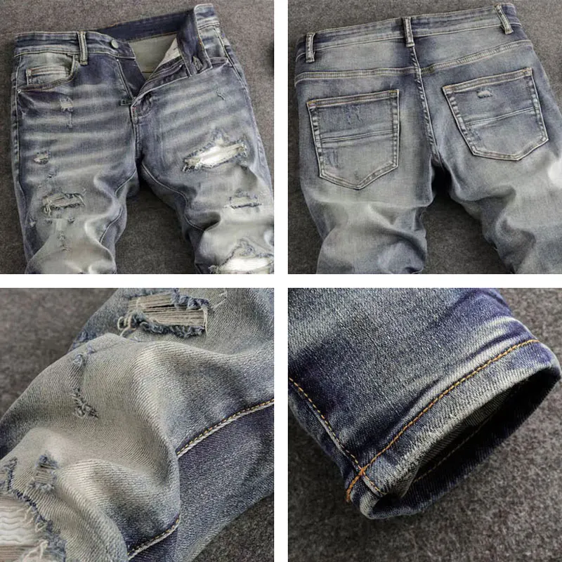 

Fashionable new men's jeans with perforated patches, washed water, nostalgic stretch, slim fit, light blue jeans, designer hip-h