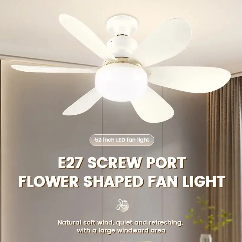 30W E27 Screw Head LED Fan Light Remote Control Three Color Dimming Detachable Fan Leaf Living Room Bedroom Small Fan Light