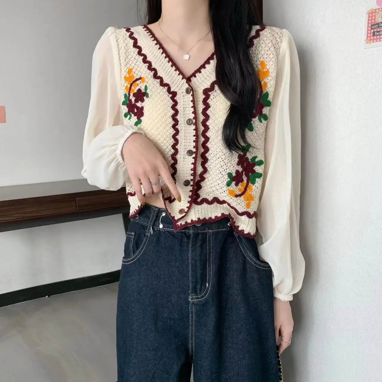 Floral Embroidery Crochet Top with Long Sleeve Button Front Blouse Women Spring Summer Boho Vacation Outfit