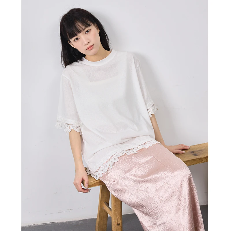 

Summer New Faion Casual Pure Cotton ort Sve round Ne T-irt Lace Splicing Knot Women's Top Comfortable Fit