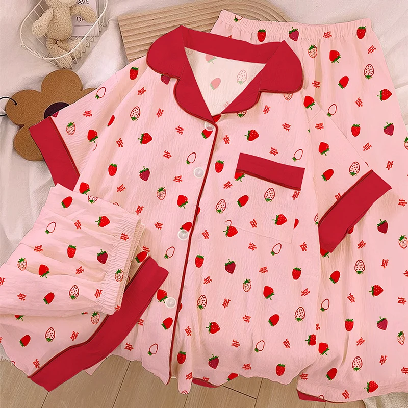 

Y2K Letter Strawberry Print Women's Pajamas Set Harajuku Style Kawaii Sweet Women's Pajamas 3 PC Set Summer New Nightwear 2025