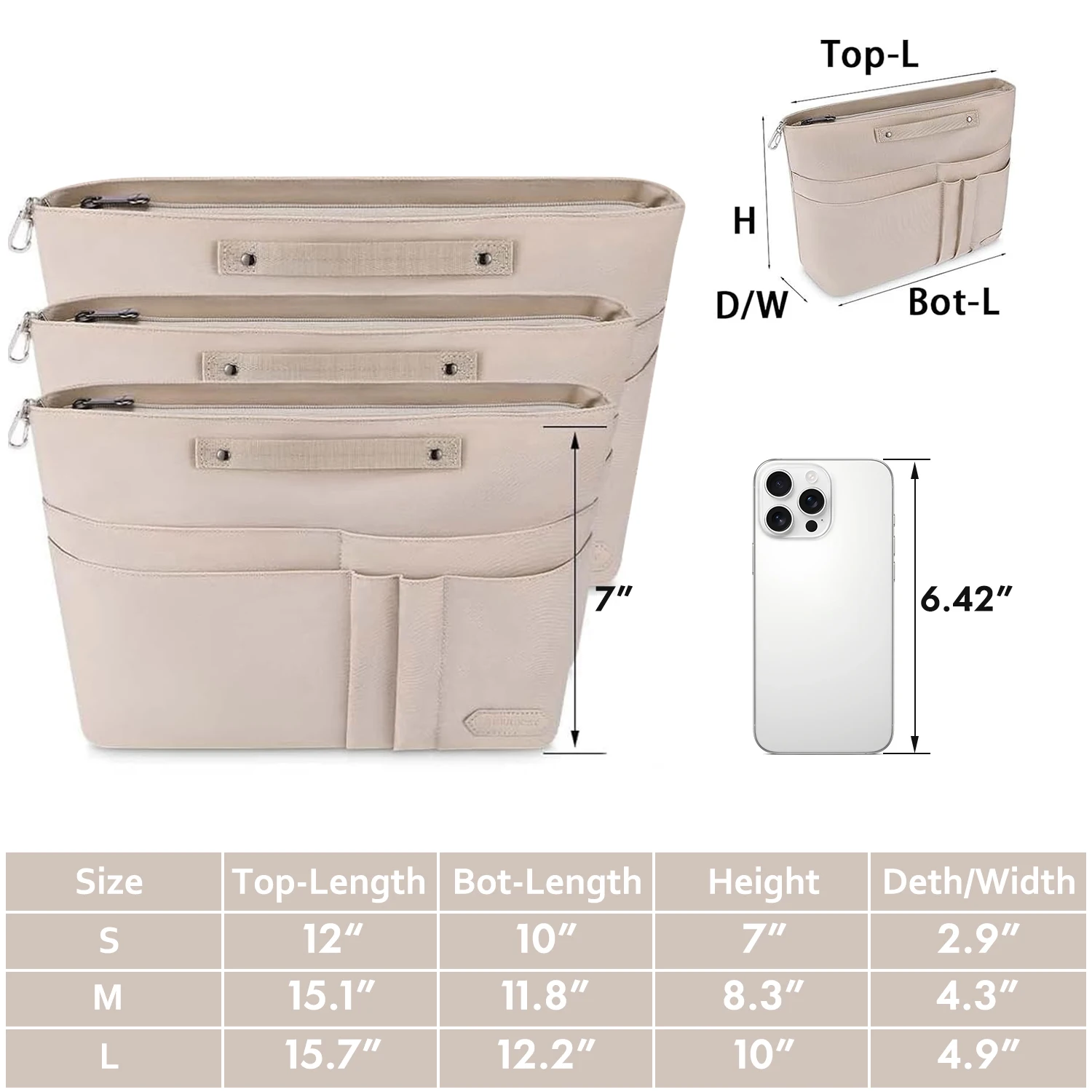 Organizer Insert for Handbags,Tote Bag Organizer Insert Zipper Bag for Women, Handbag Organizer Inside Liner with 15 Pockets