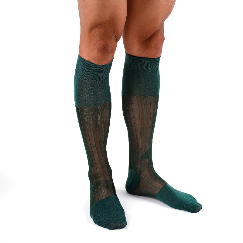 Mens Summer Ultra Thin Soft Breathable Knee High Business Nylon Socks Gifts Dress Green Striped Man Long Socks Formal Stockings - view 3