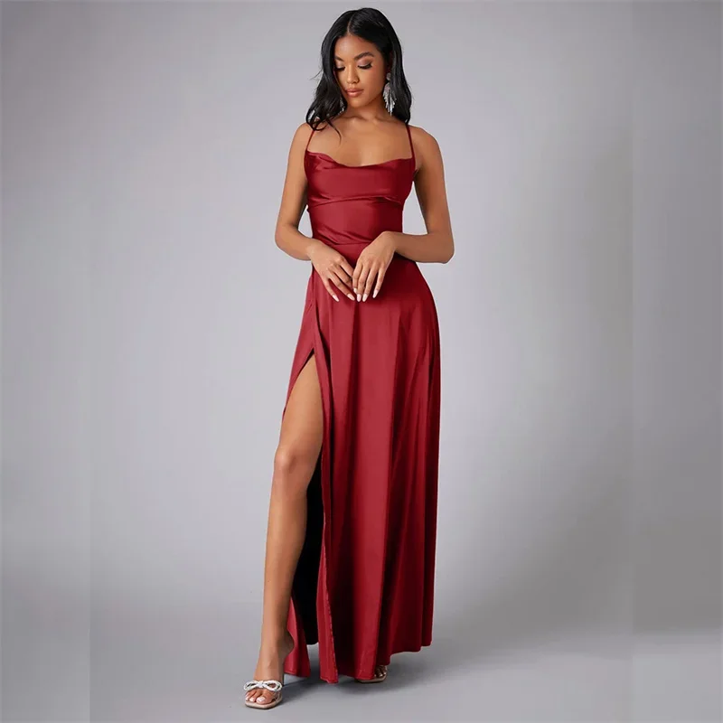 Women Backless Straps Dresses Sexy Off The Shoulder Slim Fit Dress High Waist Split Hem Long Gown Female Party Suspenders Frock