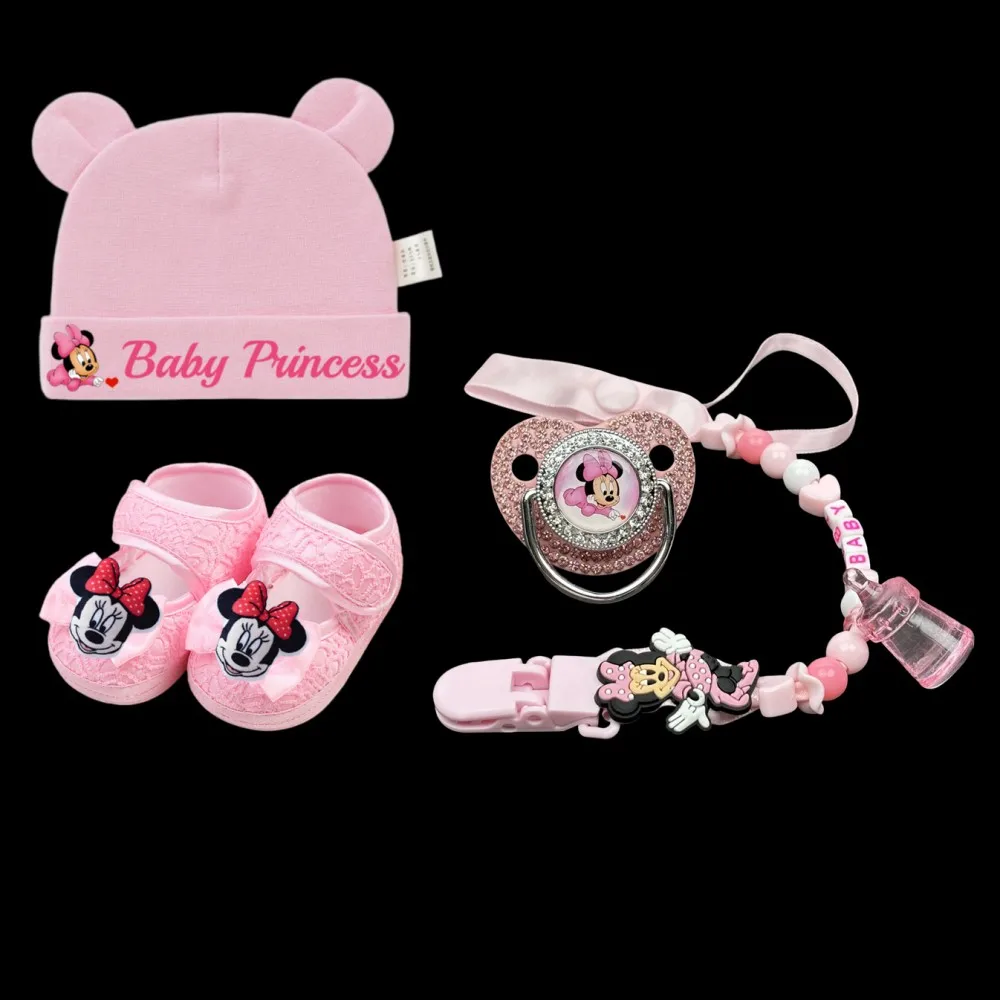 

4-piece set / set Bling Bling baby nipple Cartoon print baby Bead chain Buckle / baby shoes / newborn hat Newborn gift 0-8M