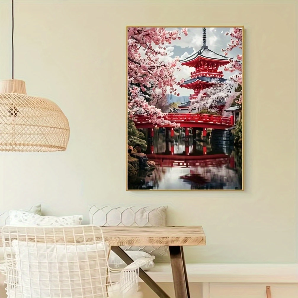 

Landscape Red Pavilions Pink Flowers 500/1000/1200/2000 PCS Jigsaw Puzzles Family Activity Games for Gameroom Bedroom Frameless