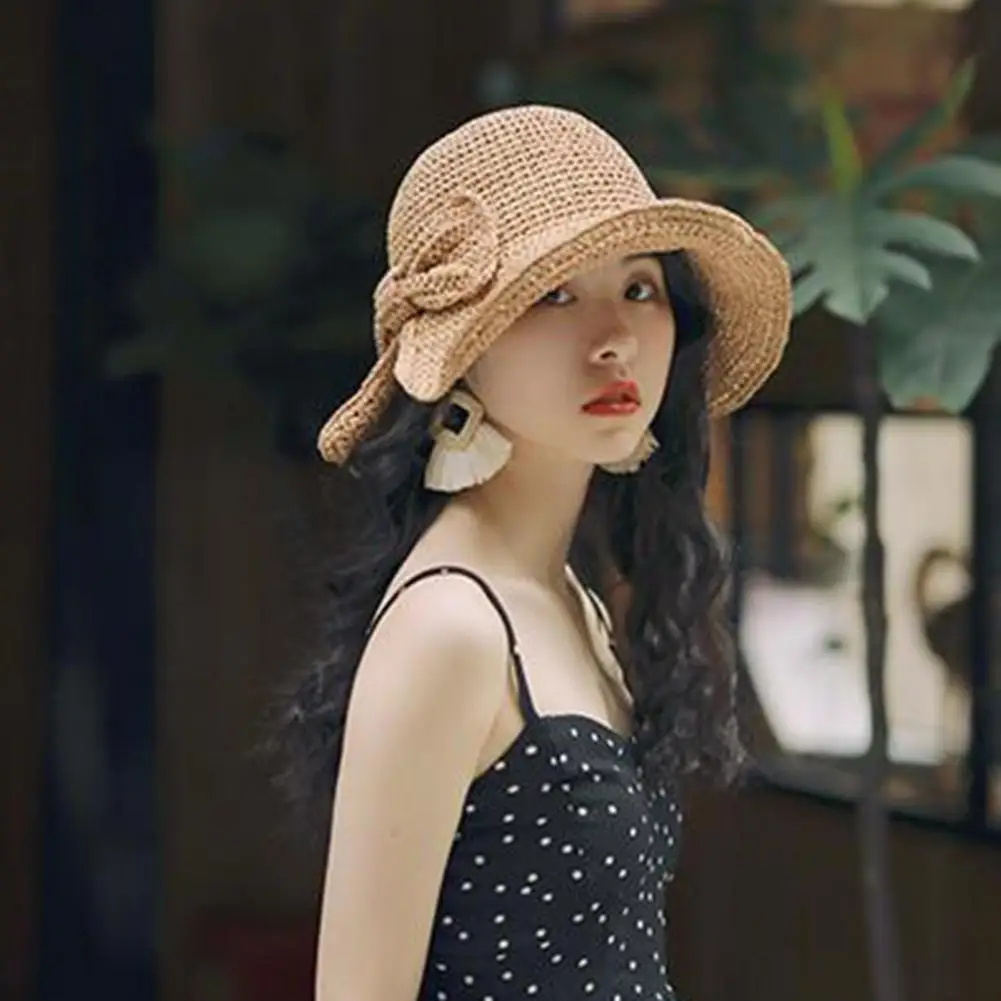 Fabulous Women Fisherman Hat  Curled Edge Decorative Women Straw Hat  Pure Color Women Straw Hat