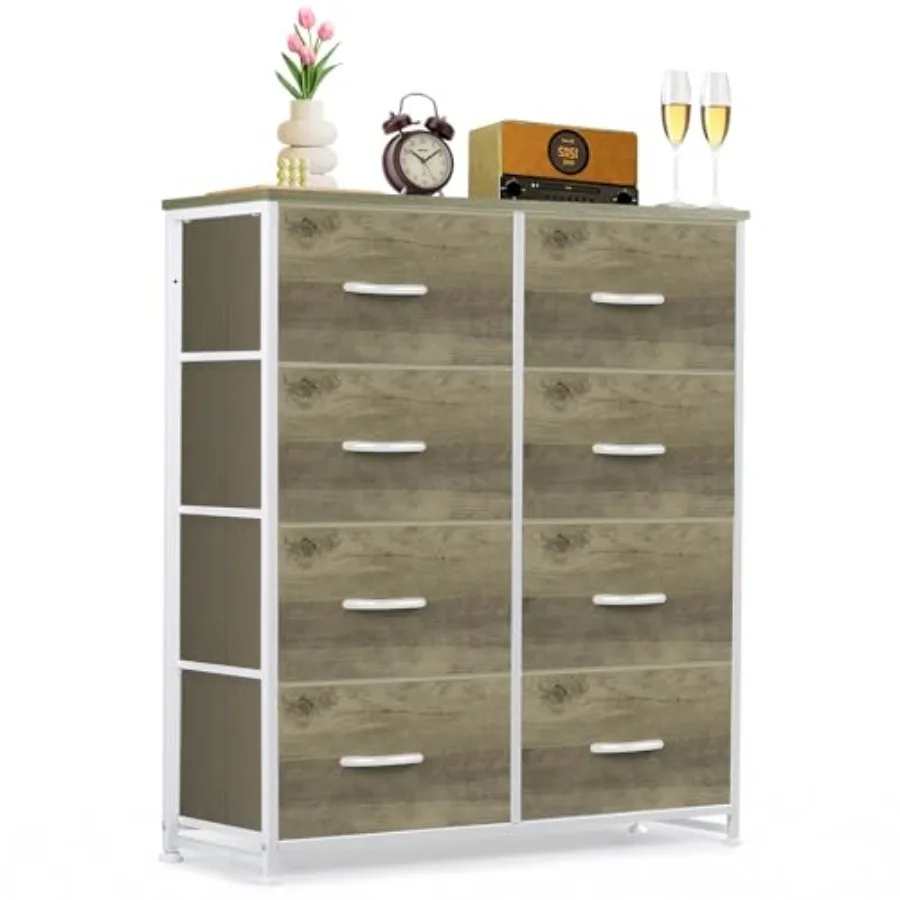 

8-Drawer Dresser for Bedroom, Anti-Tip Tall Storage Organizer Chest of Drawers with Wooden Top and Metal Frame Fabric Bins for