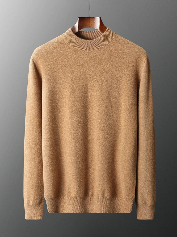 Choice Luxury Men 100% Cashmere Sweater Mock Neck Long Sleeve Pullover Spring Autumn Smart Casual Basic Style Cashmere Knitwear