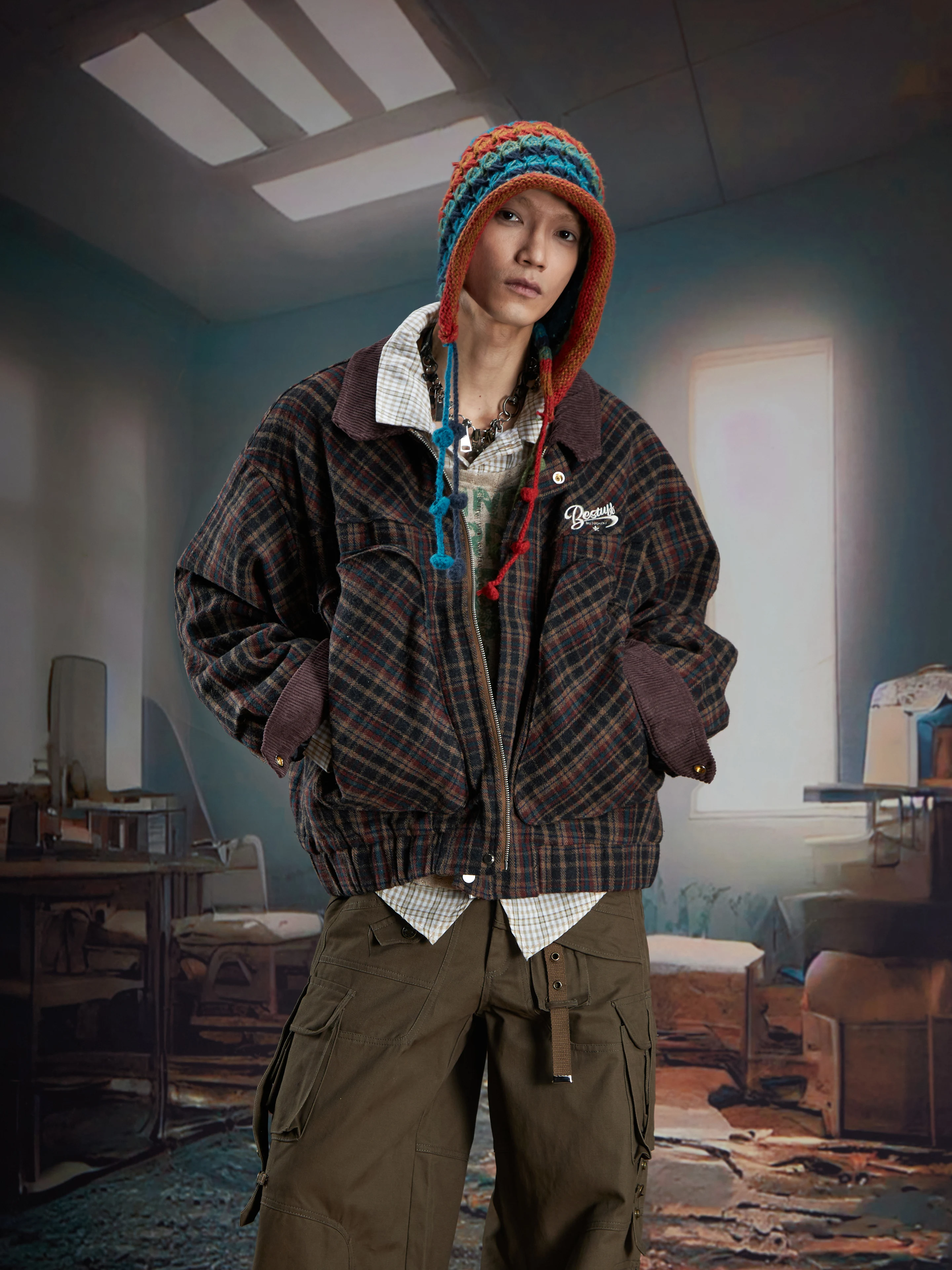 Vintage Woolen Striped Plaid Embroidered Loose Lapels Zip Jacket with Big Pockets Men and Women