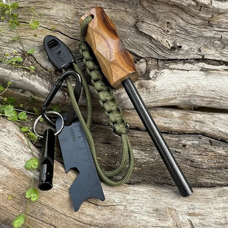 

Outdoor Solid Wood Handle Fire Starting Kit with Magnesium Rod Scraper Camping Wilderness Survival Fire Starting Tool