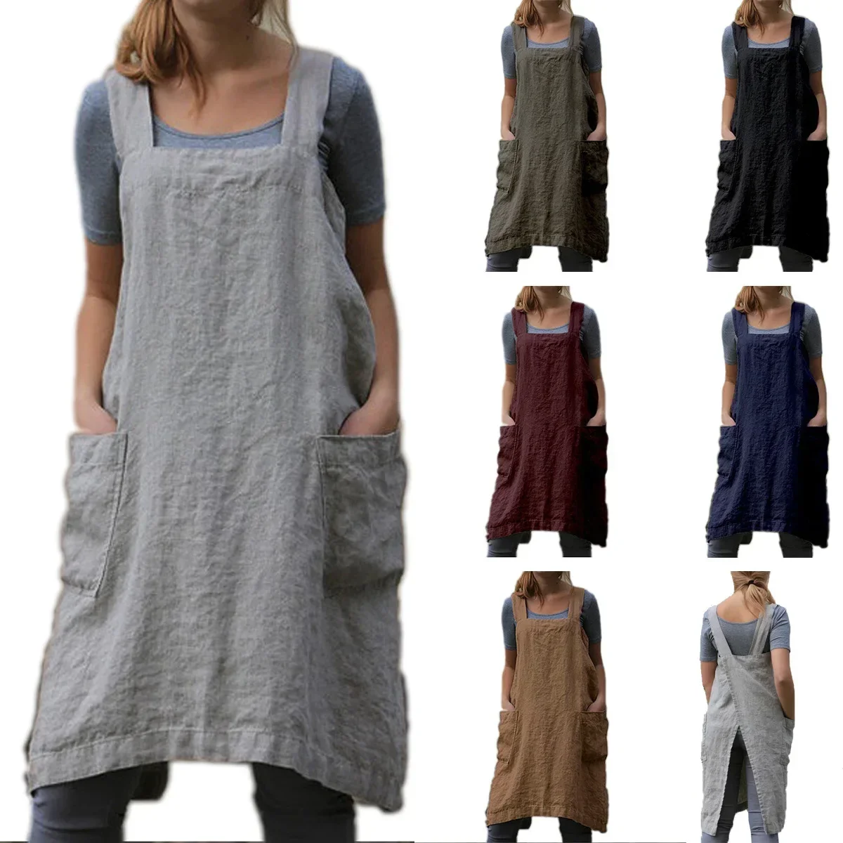 Women\'s S-5XL size Cotton and linen apron long circumference home clothing loose linen long dress summer dress