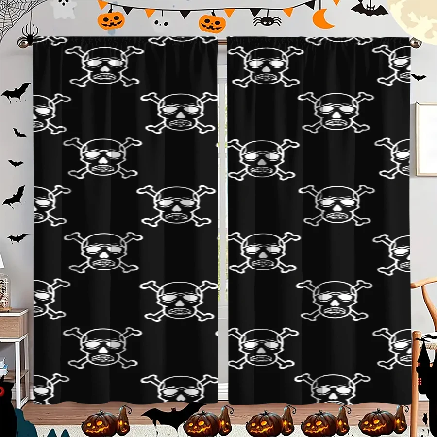 2PCS Digital Print Curtain, Skull and Crossbones on Black, Halloween Pirate Gothic Pattern Style for Living Room Bedroom Decor